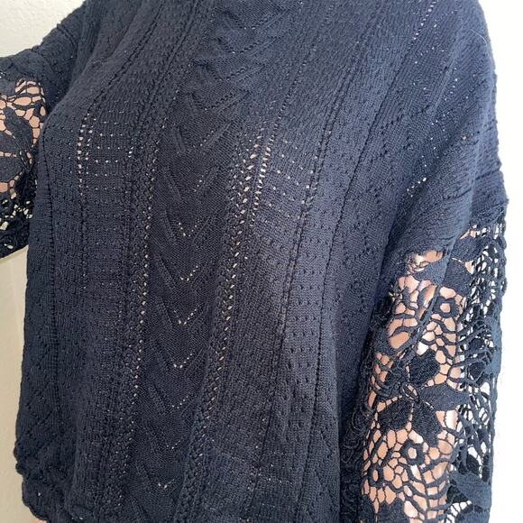 Fashion delicate crochet flower loose black sweater puff sleeve flared SZ XL - Picture 5 of 14